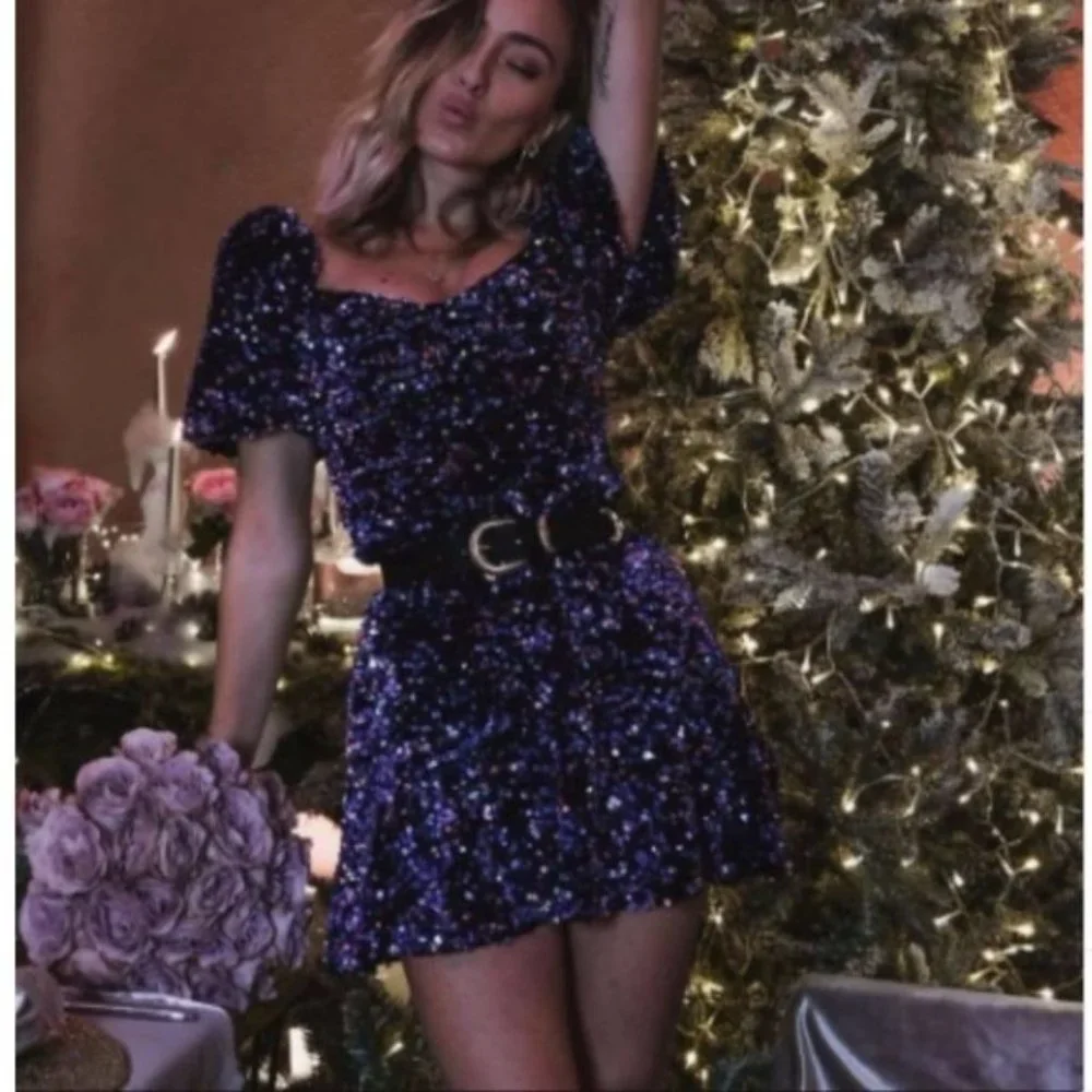 Zara Purple Blue Sequin Puff Sleeve Cocktail Dress - Picture 2 of 8